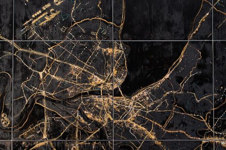 Sandrine Damour a créé une série d’œuvres intitulée URBAN TRACKS, dont la dernière raconte la formation du canton de Genève (150 x 200 cm).